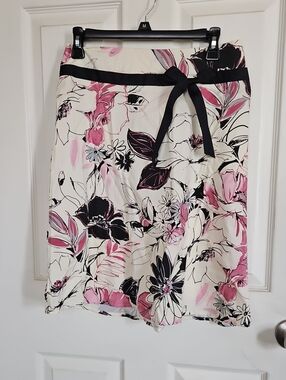 Y2K Xtraordinary Pink, Black & Cream Floral A-Line Skirt with Ribbon